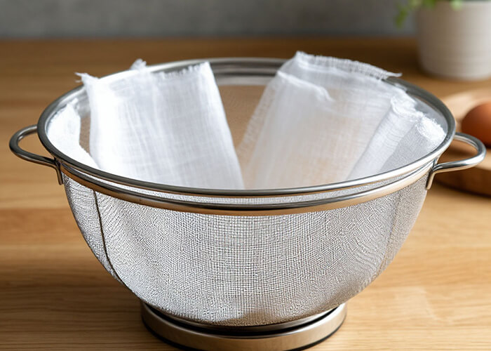 Охлаждать полученную массу не нужно. Но кастрюля может постоять некоторое время в стороне, пока вы готовите дуршлаг – устанавливаете его в глубокую емкость и застилаете сложенной в несколько слоев марлей либо хлопчатобумажной тканью.